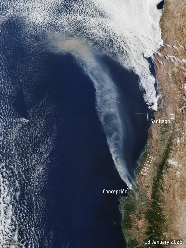 Smoke plumes from Chile wildfires seen by Sentinel 3