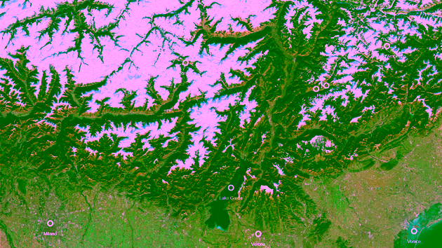 Satellite view of Northern Italy, including the Alps