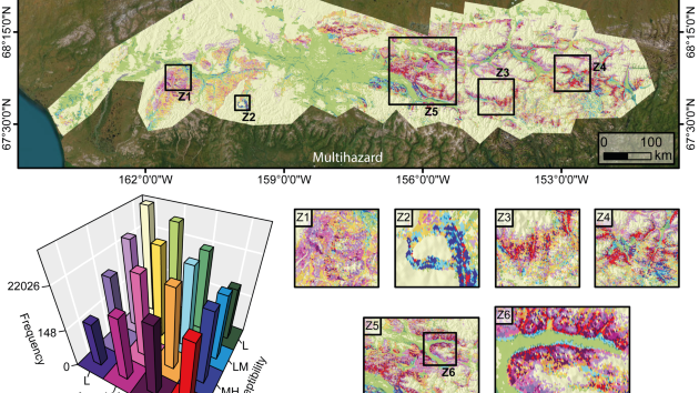 Red pixels: areas with a high probability of occurrence for both retrogressive thaw slumps and active layer detachments.