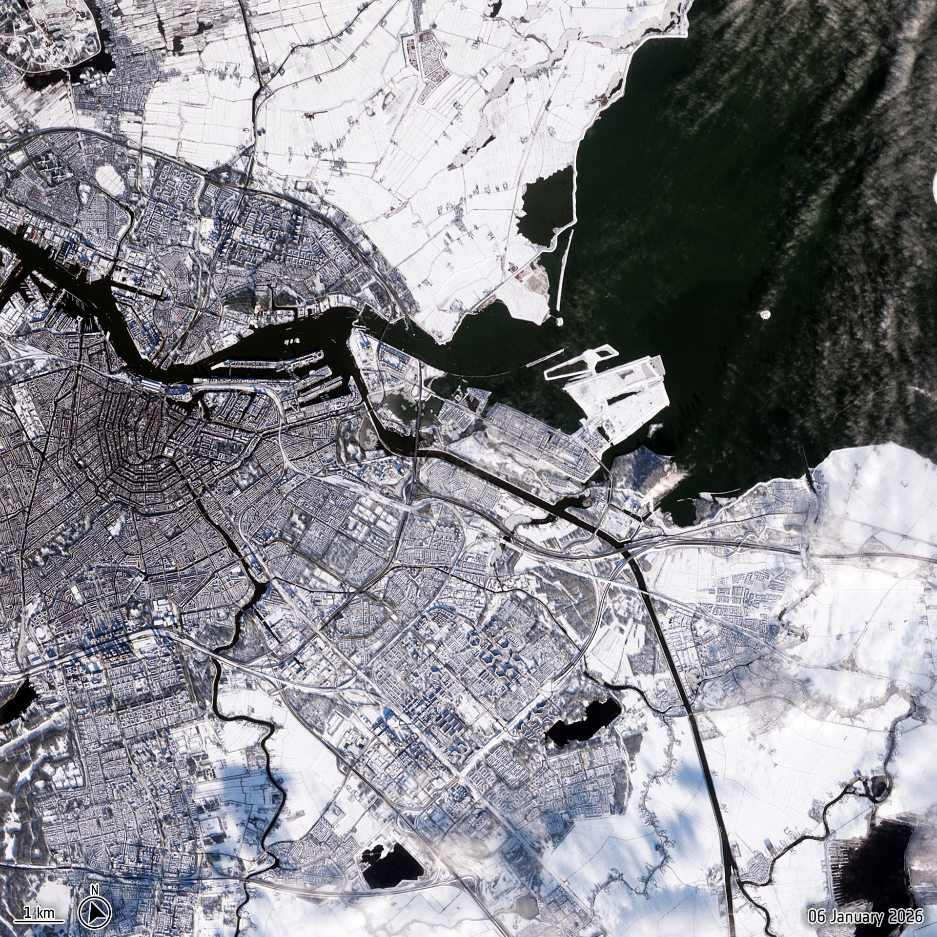Satellite image of Amsterdam, Netherlands covered in snow