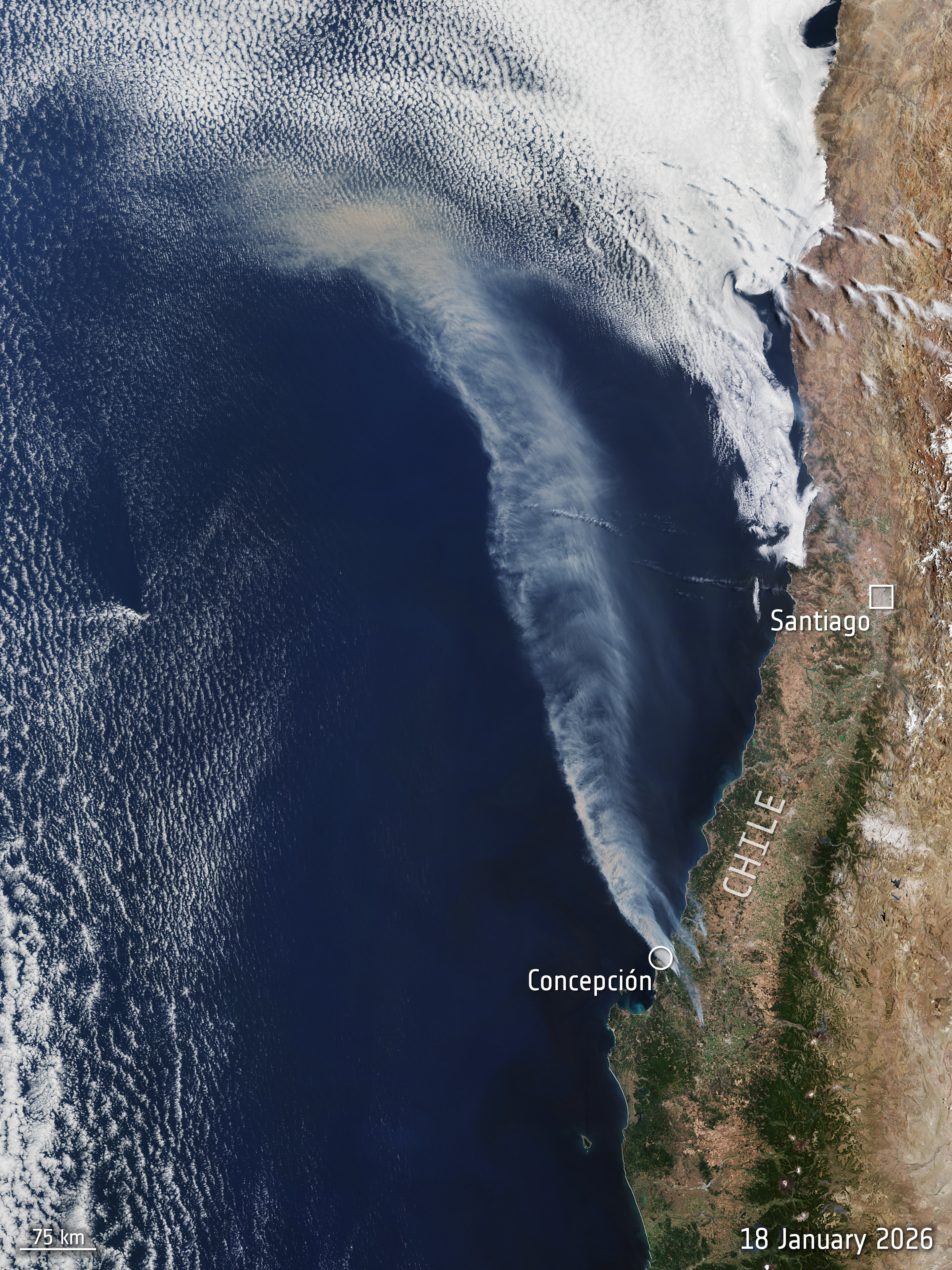 Smoke plumes from Chile wildfires seen by Sentinel 3