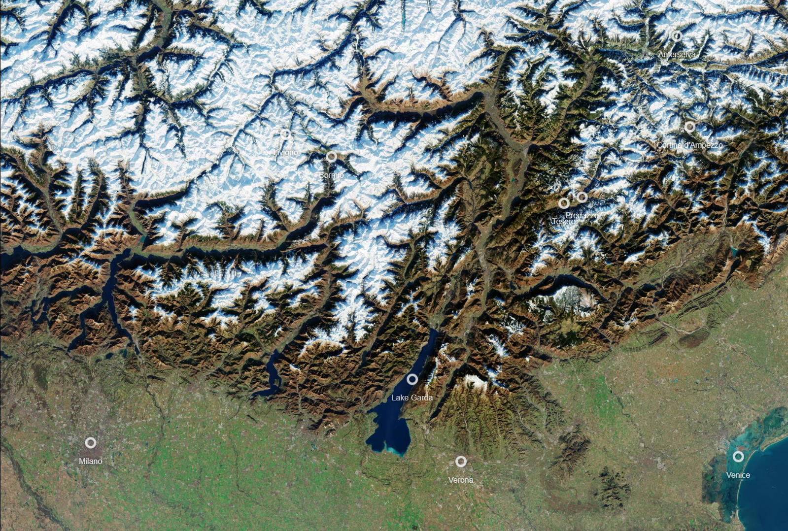 Satellite view of Northern Italy, including the Alps