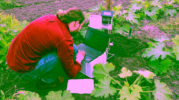 A man working on a laptop on a farm