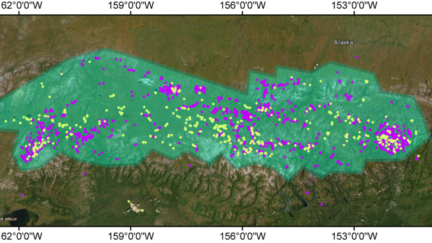 Mapped cryospheric hazard locations (retrogressive thaw slumps in green and active layer detachments in magenta) within the study area in northern Alaska (green).