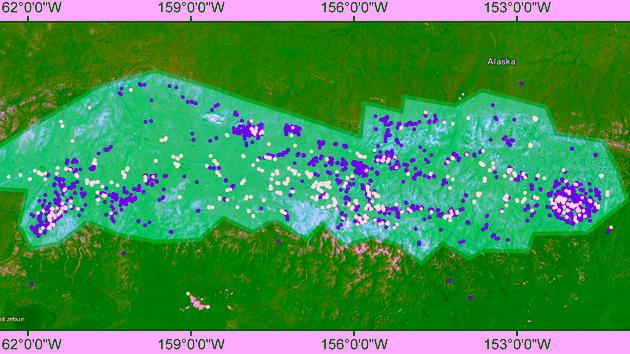 Mapped cryospheric hazard locations (retrogressive thaw slumps in green and active layer detachments in magenta) within the study area in northern Alaska (green).