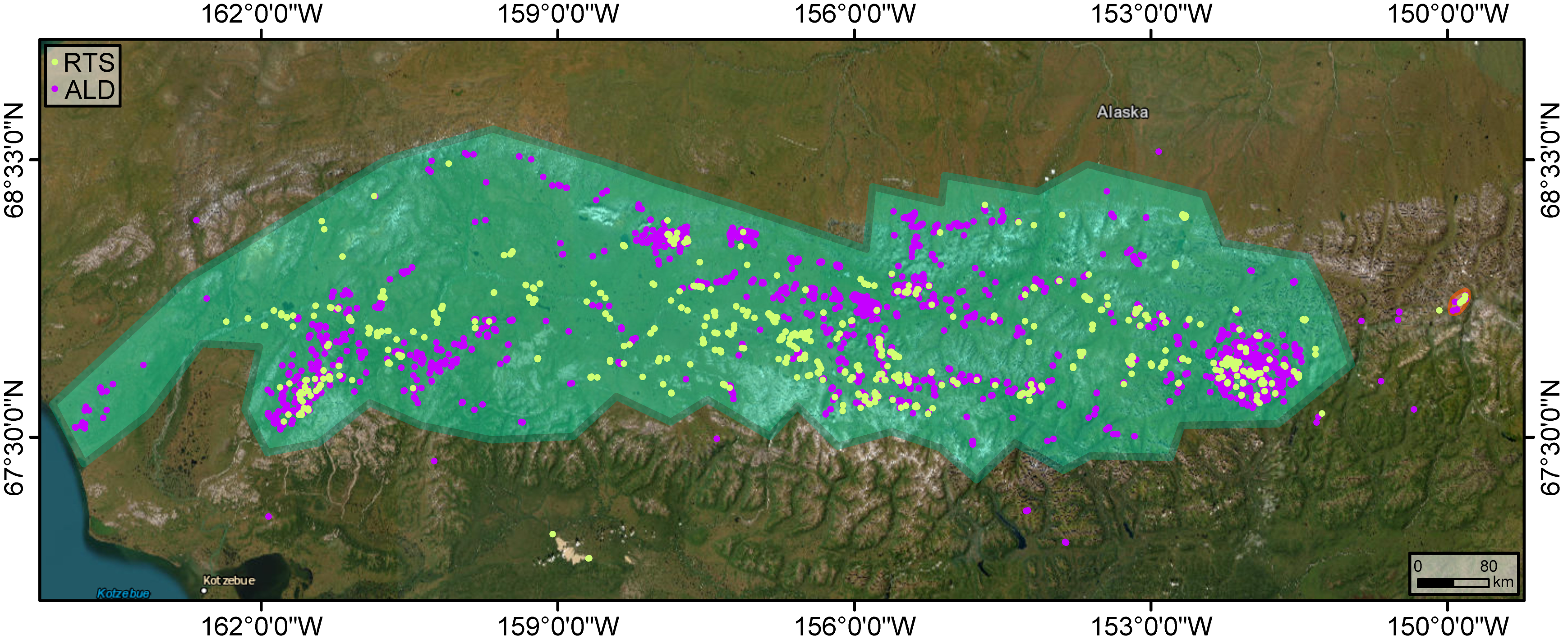 Mapped cryospheric hazard locations (retrogressive thaw slumps in green and active layer detachments in magenta) within the study area in northern Alaska (green).