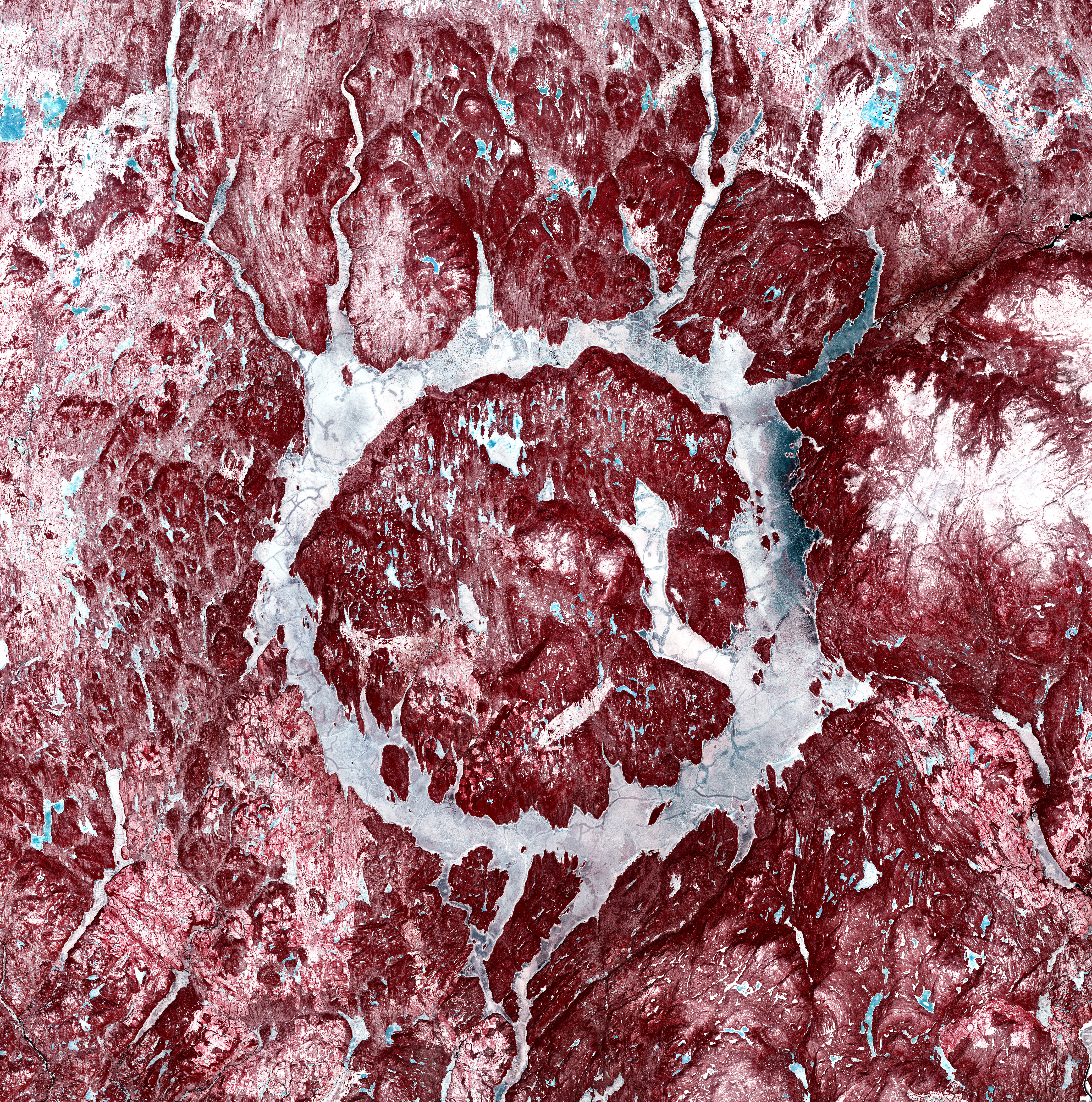 False-colour satellite image of a reservoir north-east of Quebec City