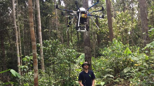 Someone flying a drone in the forest