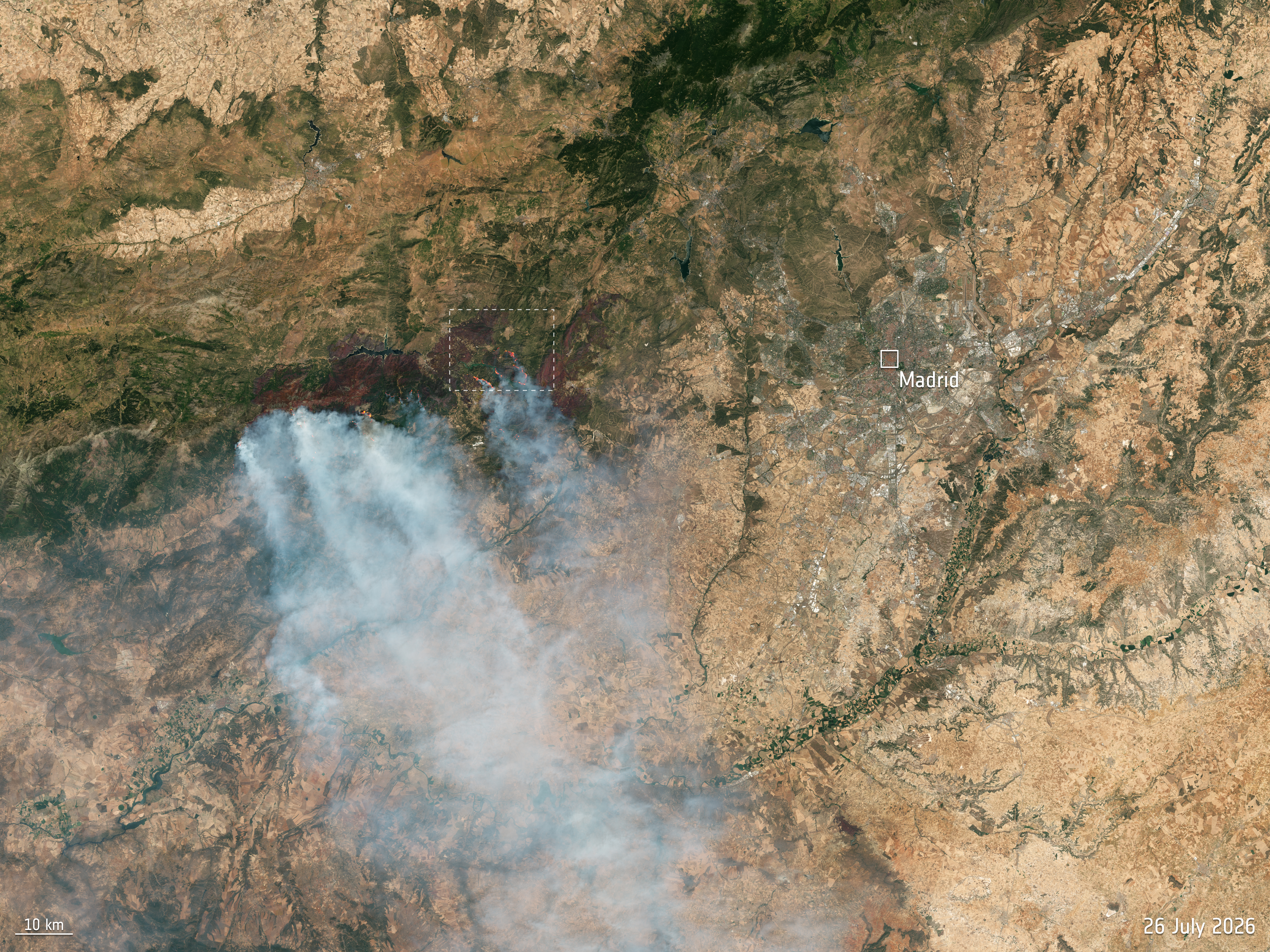 Satellite image of wildfires near Madrid, Spain