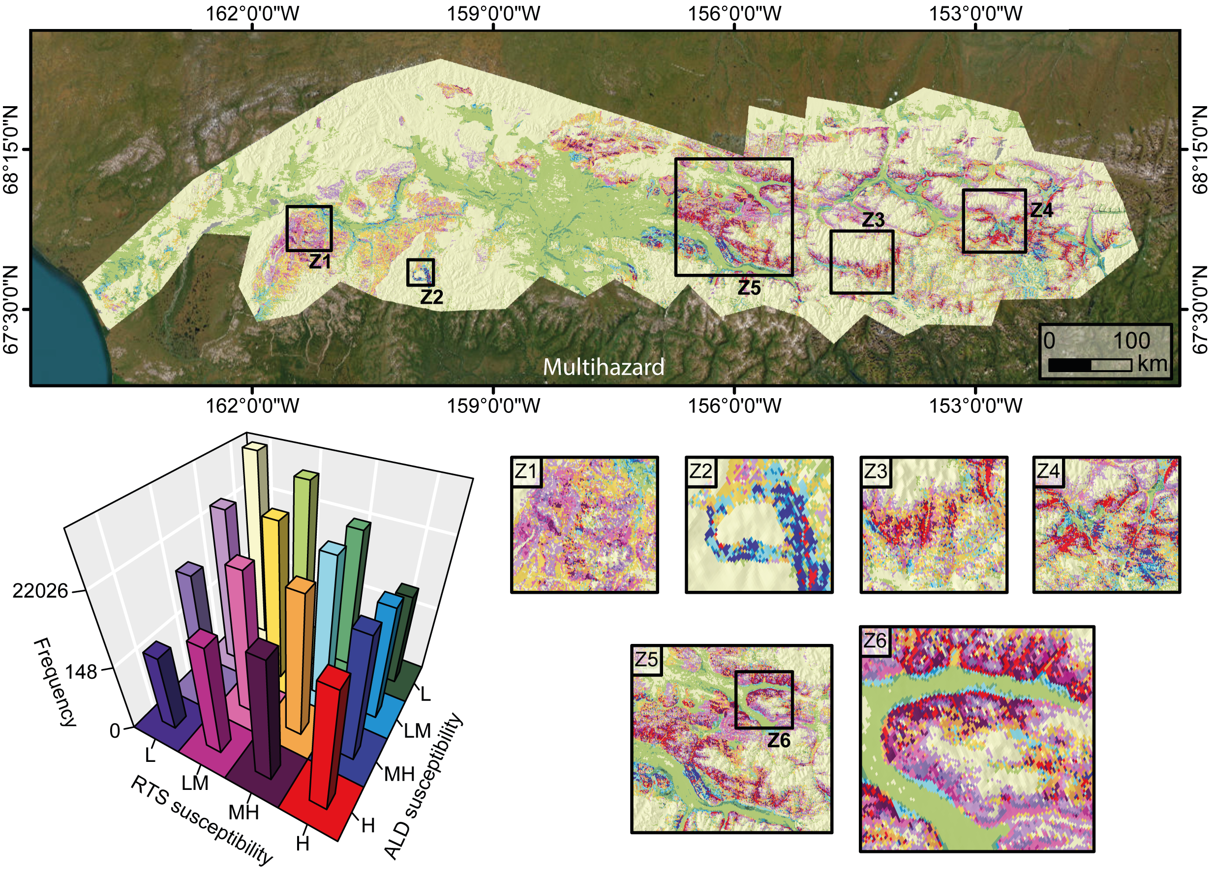 Red pixels: areas with a high probability of occurrence for both retrogressive thaw slumps and active layer detachments.
