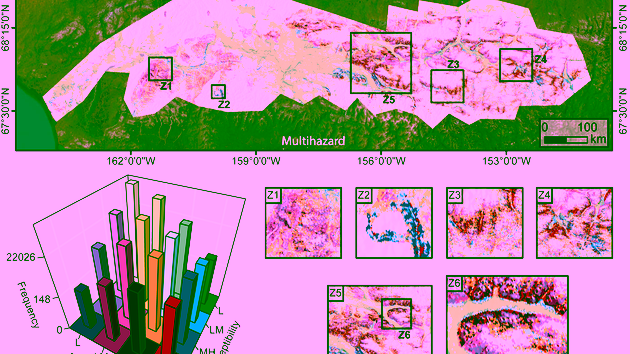 Red pixels: areas with a high probability of occurrence for both retrogressive thaw slumps and active layer detachments.