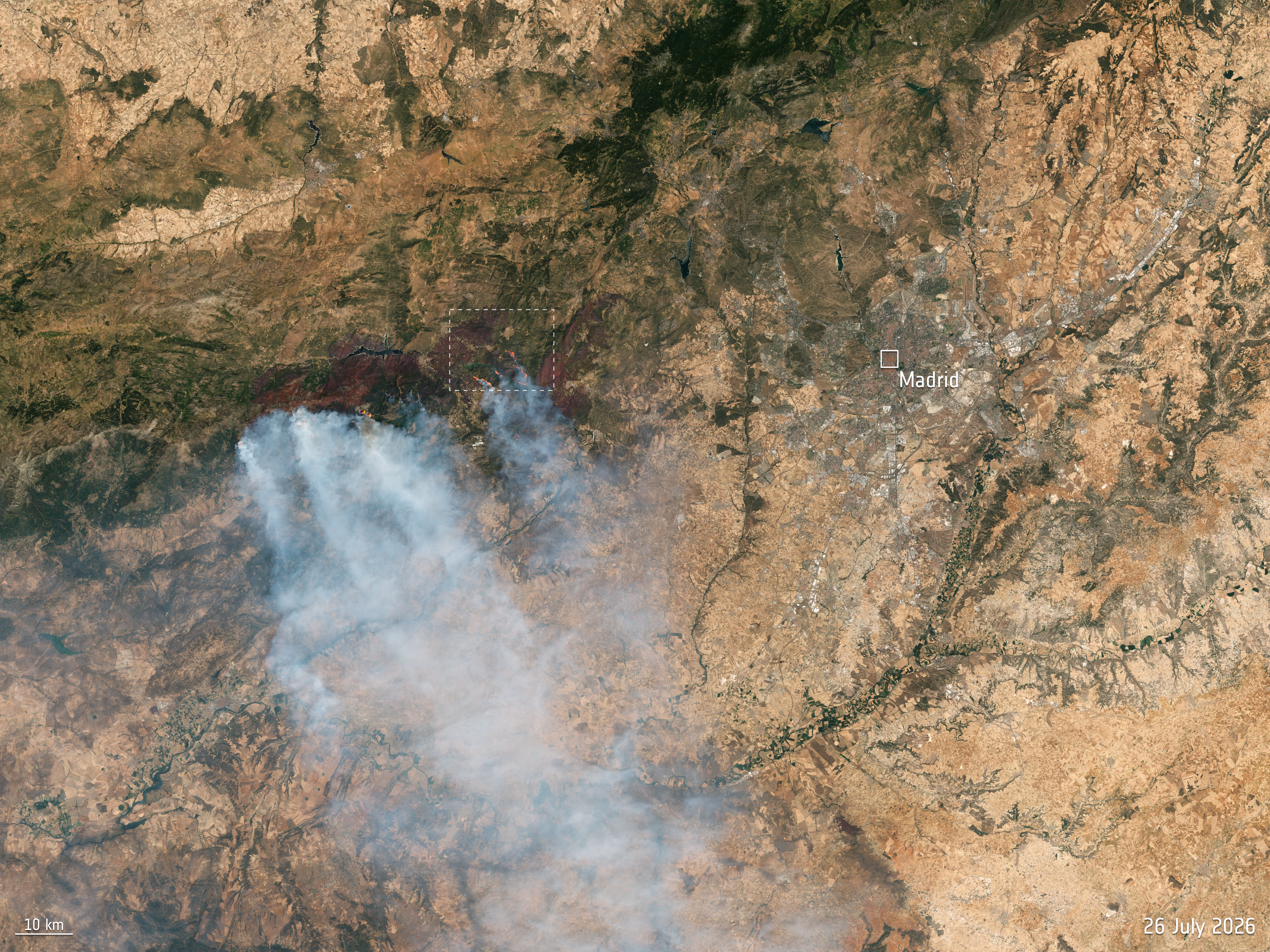 Satellite image of wildfires near Madrid, Spain