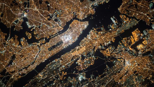 A sattellite image of an urban area at night