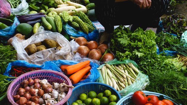 Fresh vegetables and herbs on a market