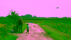 Three men and a young boy standing next to a field, flying a drone