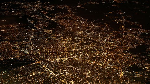 An aerial view of a city at night